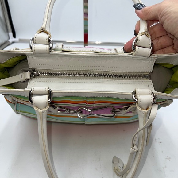 Coach Hampton Multicolor Canvas White Leather Trim Stripes Satchel Tote Bag - Picture 12 of 14
